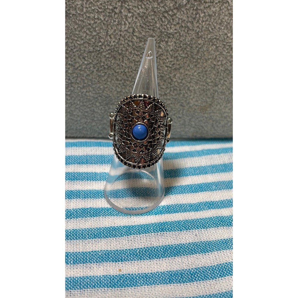 #40. Boho Style Silver-tone Blue Cabochon Stretch Ring